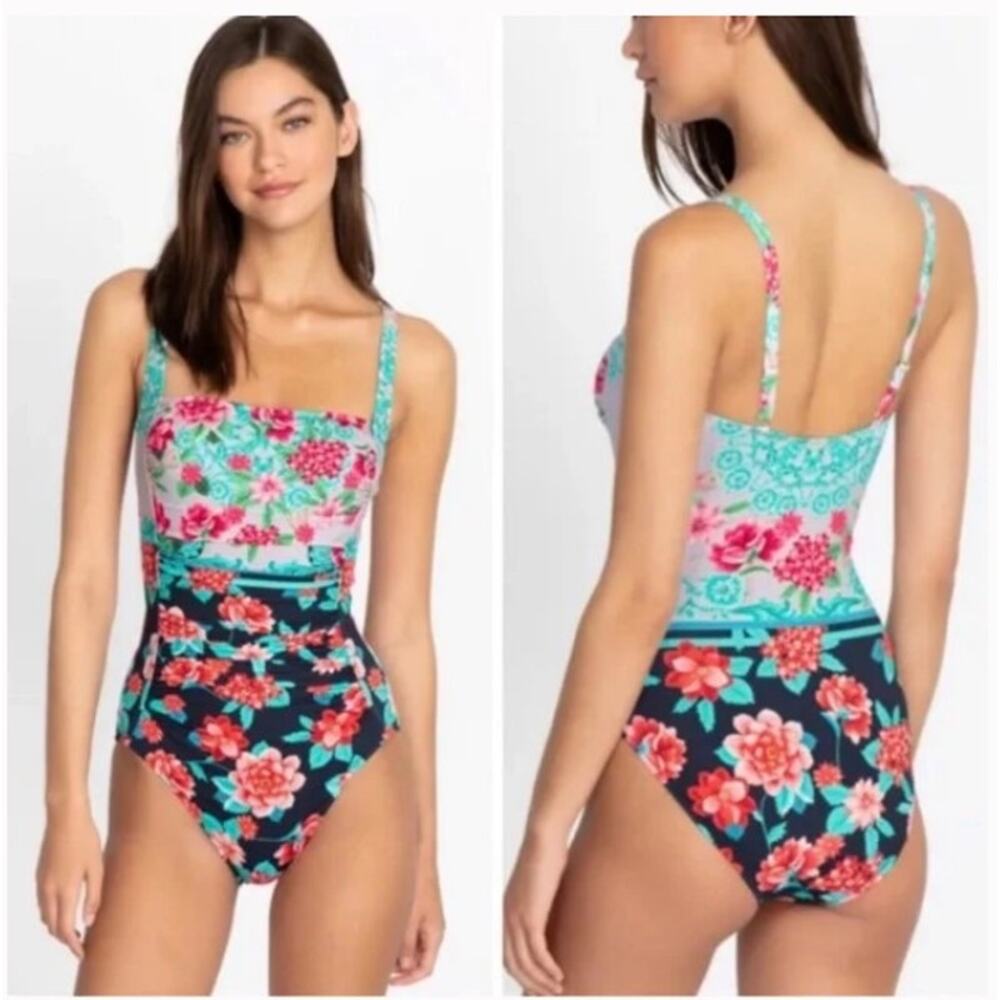 NWT Johnny Was Japer Ruched One-Piece Swimsuit in Floral Multi Sz XS